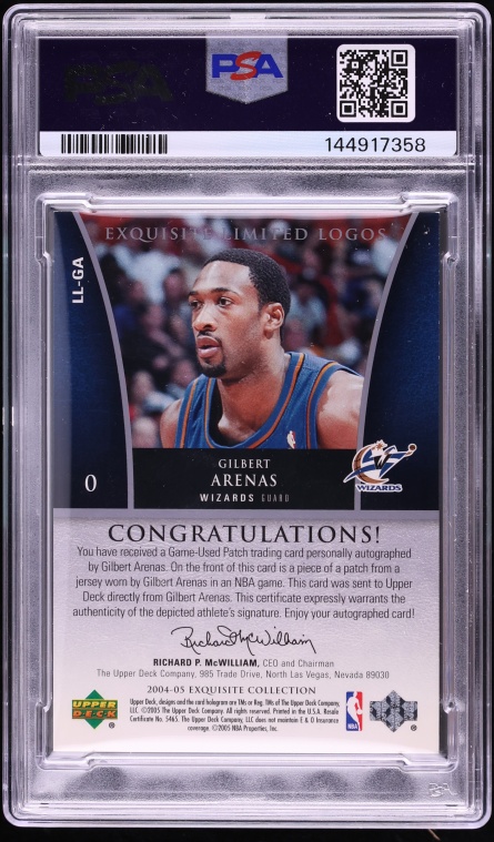 2004 Exquisite Collection Limited Logos Gilbert Arenas PATCH AUTO /50 PSA 8 NM-MT - Photo 2