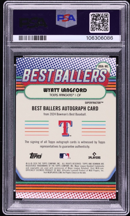 2024 Bowman's Best Ballers Superfractor Wyatt Langford ROOKIE AUTO DNA 10 1/1 #BBA-WL PSA 9 - Photo 2