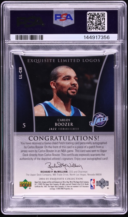 2004 Exquisite Collection Limited Logos Carlos Boozer PATCH AUTO /50 PSA 8 NM-MT - Photo 2