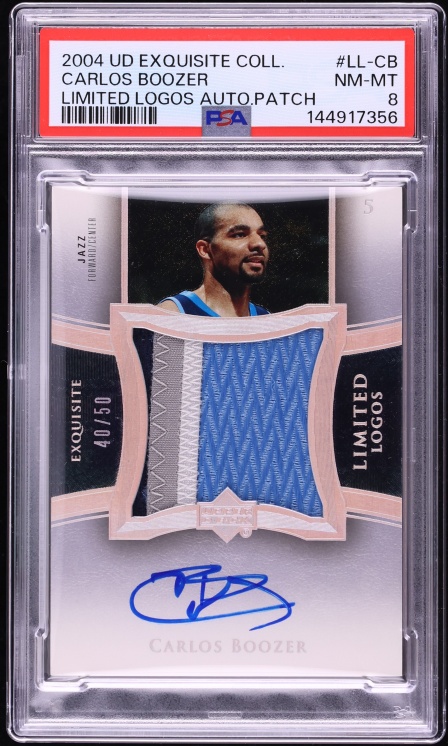 2004 Exquisite Collection Limited Logos Carlos Boozer PATCH AUTO /50 PSA 8 NM-MT