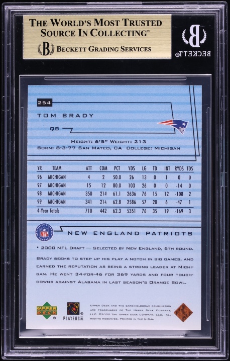 2000 Upper Deck Football Tom Brady ROOKIE #254 BGS 9.5 GEM MINT - Photo 2