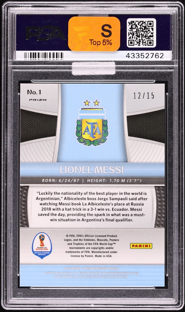 2018 Panini Prizm World Cup Gold Lazer Lionel Messi /15 #1 MBA PSA 10 GEM MINT