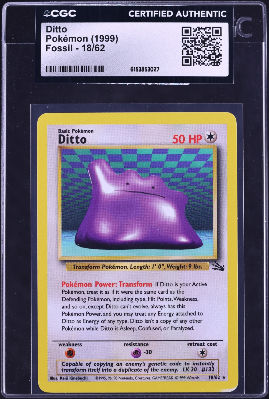 1999 Pokemon Fossil Ditto #18 CGC AUTH