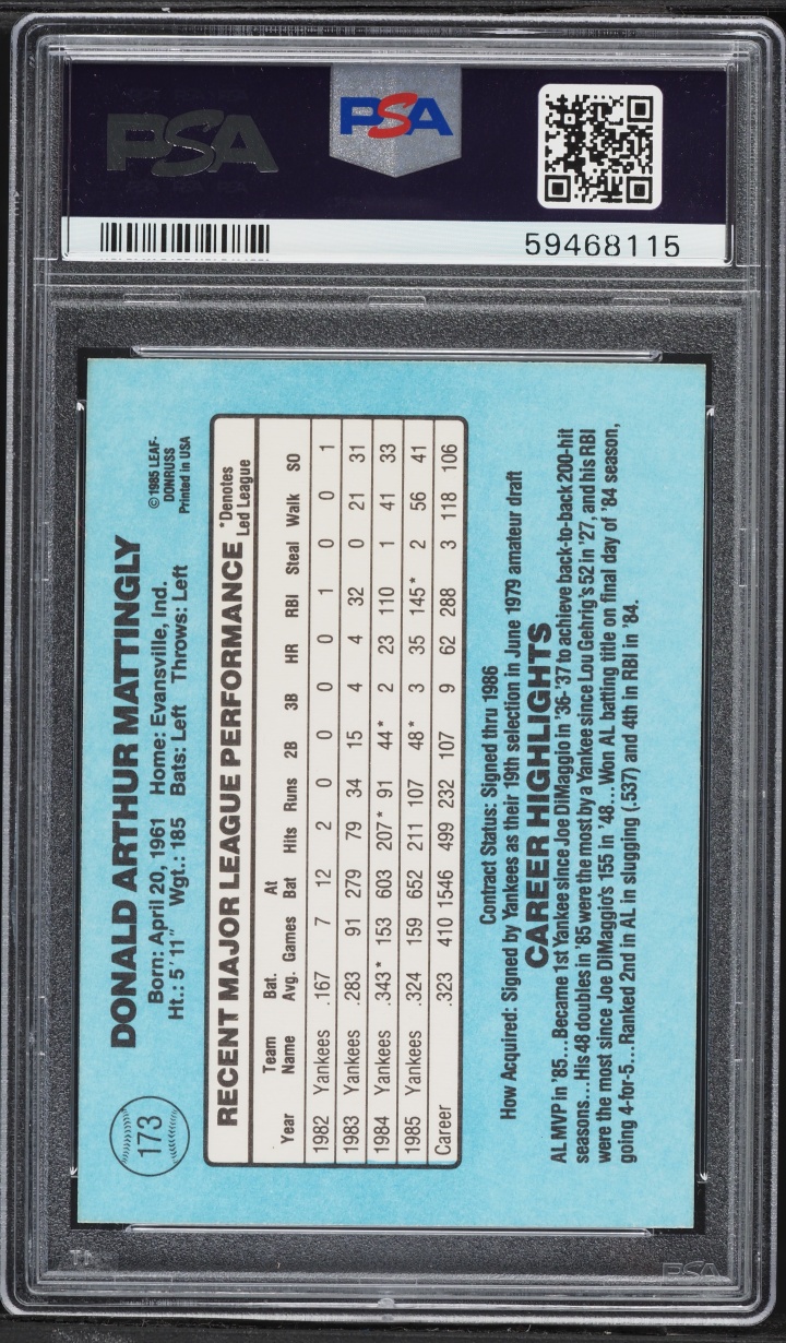 1986 Donruss Don Mattingly #173 PSA 9 MINT