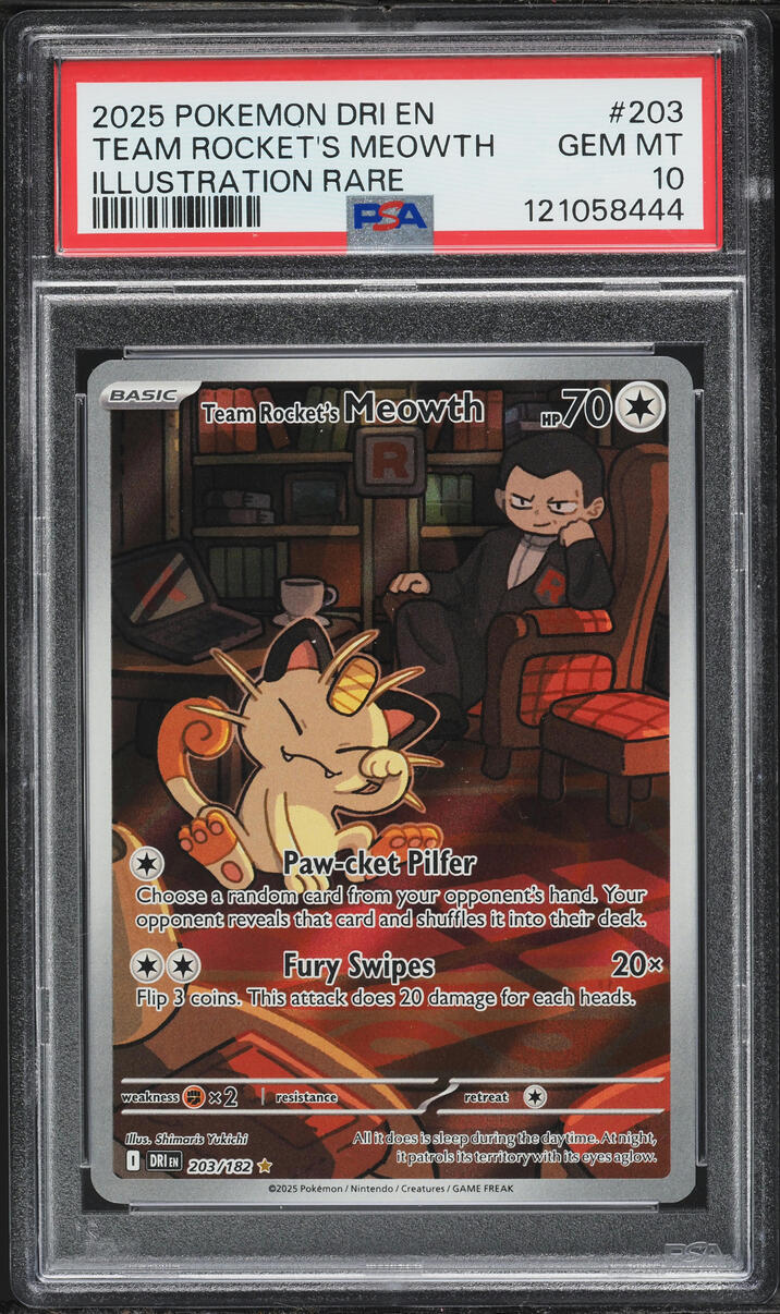 2025 Pokemon Scarlet & Violet Destined Rivals IR Team Rocket's Meowth #203 PSA 10 GEM MINT
