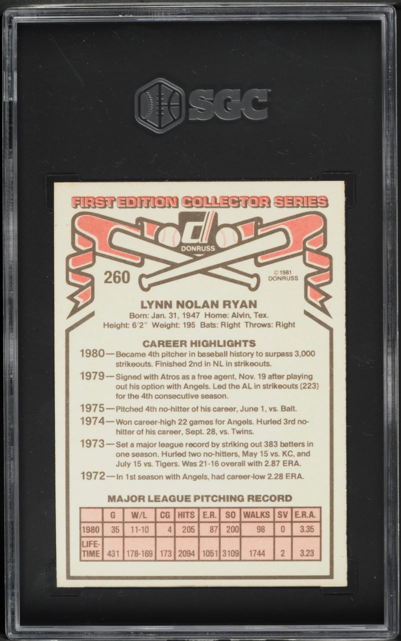 1981 Donruss Nolan Ryan #260 SGC 7.5 NRMT+