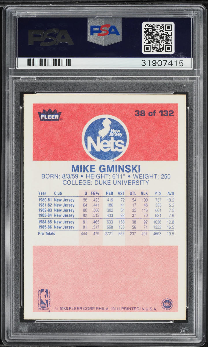 1986 Fleer Basketball Mike Gminski #38 PSA 10 GEM MINT