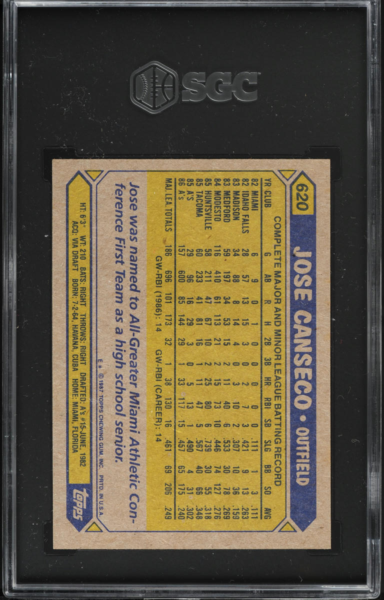1987 Topps Jose Canseco ROOKIE #620 SGC 9 MINT