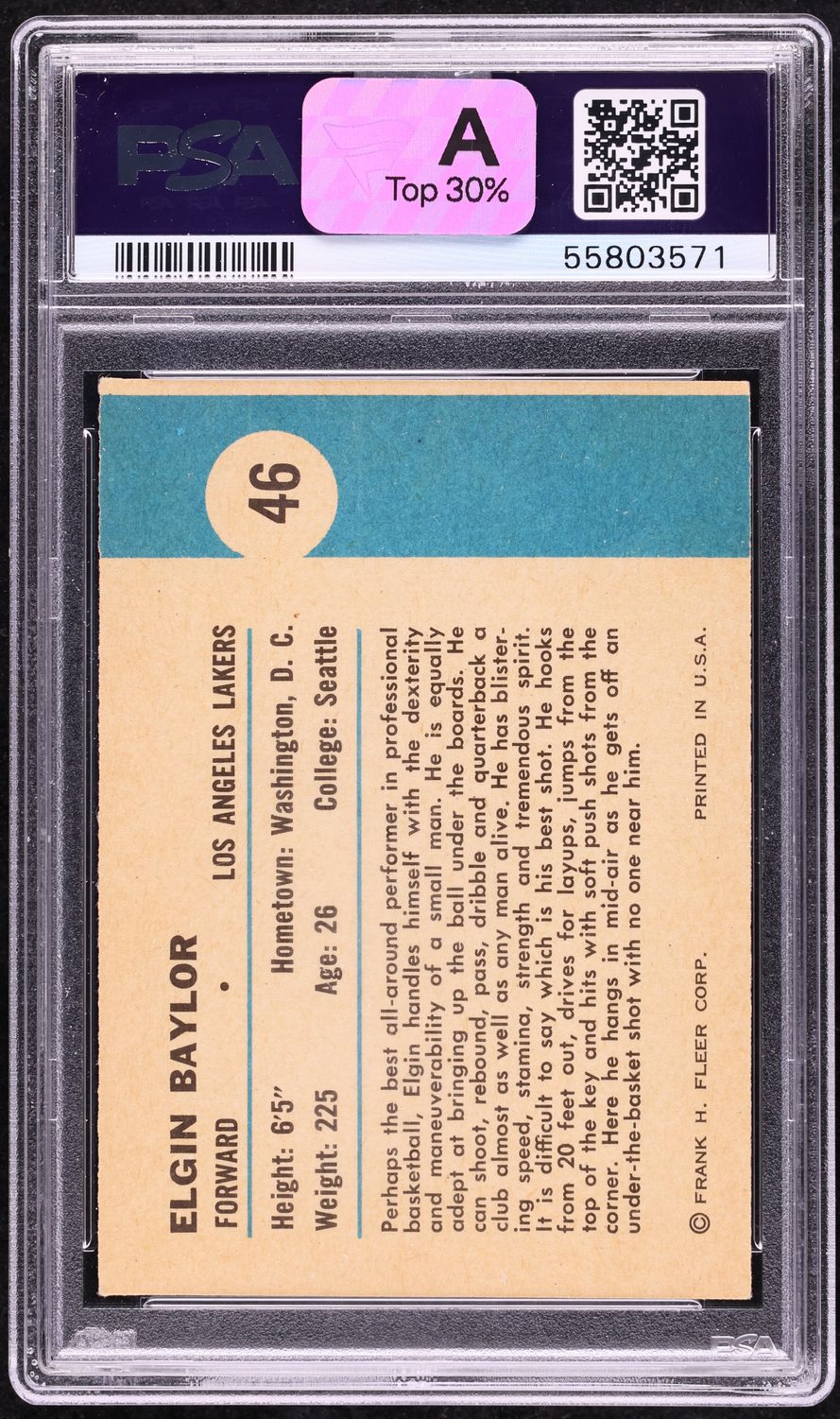 1961 Fleer Basketball Elgin Baylor ROOKIE, IN ACTION #46 PSA 5 EX