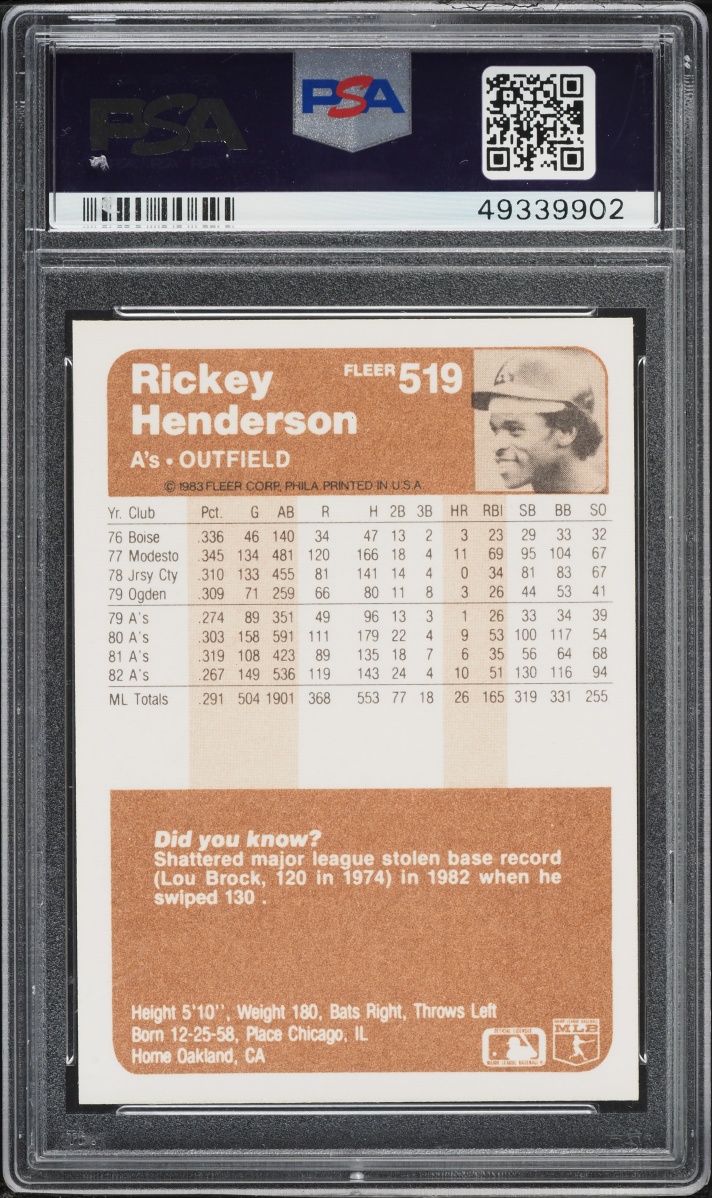 1983 Fleer Rickey Henderson #519 PSA 10 GEM MINT