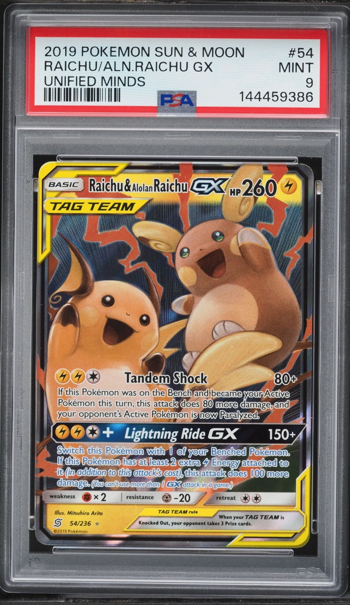 2019 Pokemon Sun & Moon Unified Minds Holo Raichu & Alolan Raichu GX #54 PSA 9 MINT