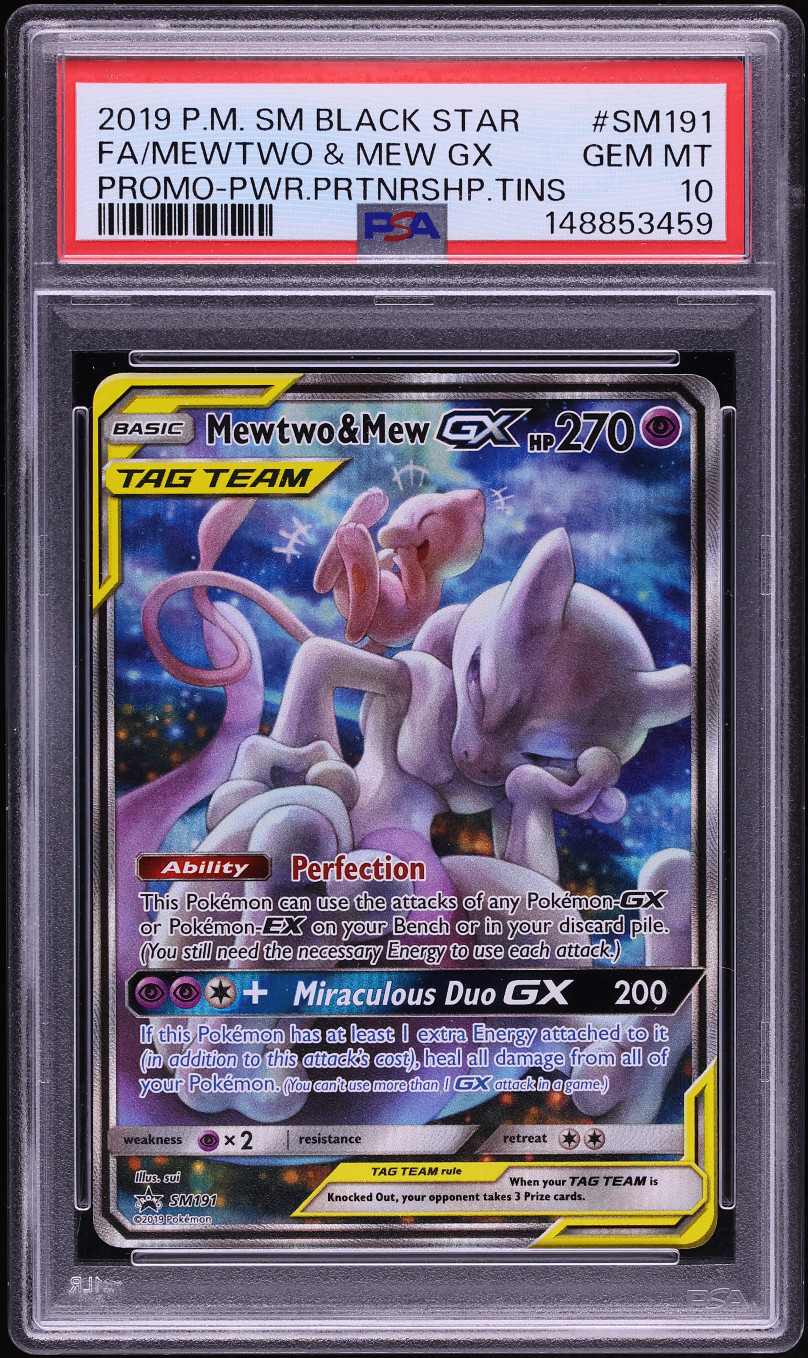 2019 Pokemon Sun & Moon Promo Power Partnership Tins Full Art Mewtwo & Mew GX #SM191 PSA 10 GEM