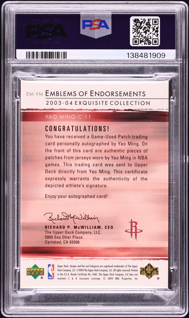 2003 Exquisite Collection Emblems Of Endorsements Yao Ming PATCH AUTO /15 #EM-YM PSA 6 EXMT