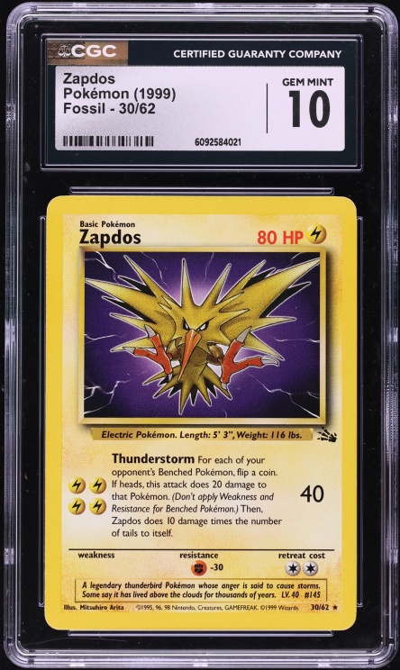 1999 Pokemon Fossil Zapdos #30 CGC 10 GEM MINT
