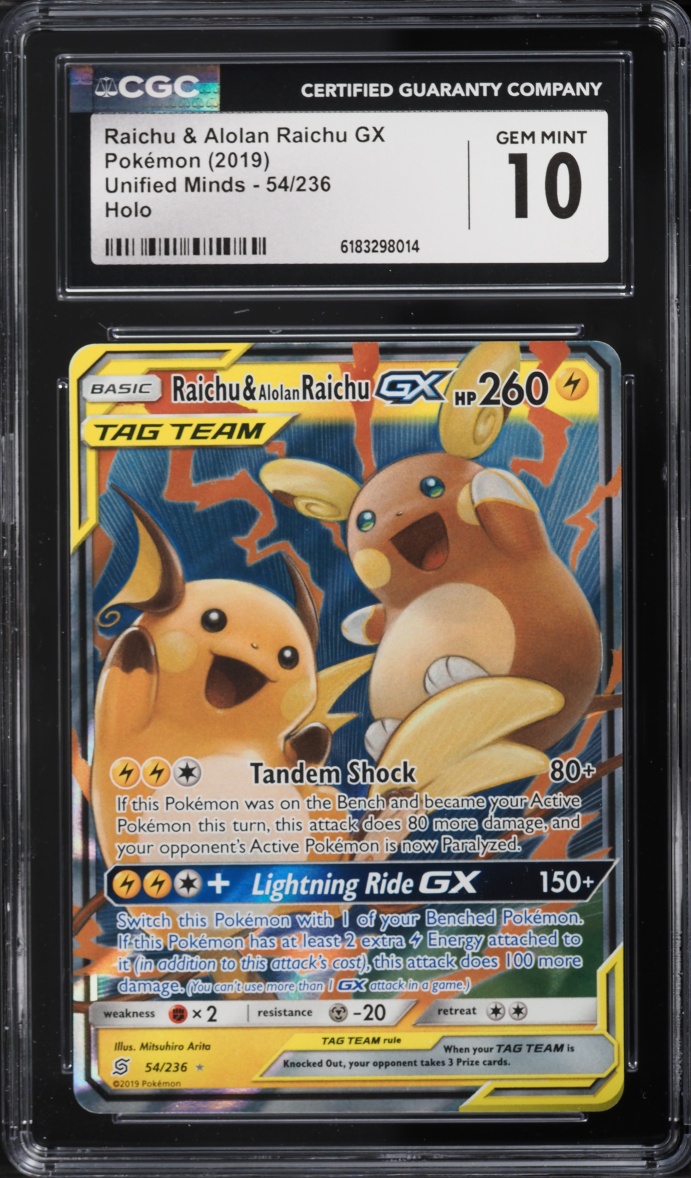 2019 Pokemon Sun & Moon Unified Minds Holo Raichu & Alolan Raichu GX #54 CGC 10 GEM MINT