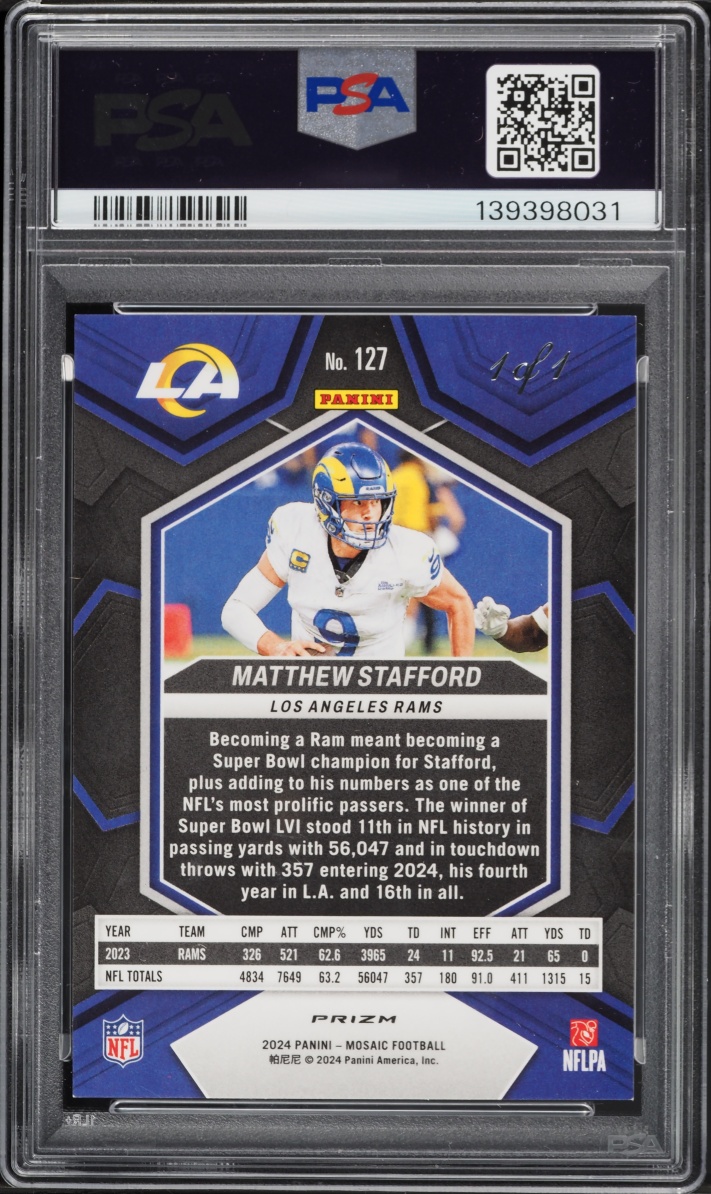 2024 Panini Mosaic Black Matthew Stafford 1/1 #127 PSA 8 NM-MT - Photo 2