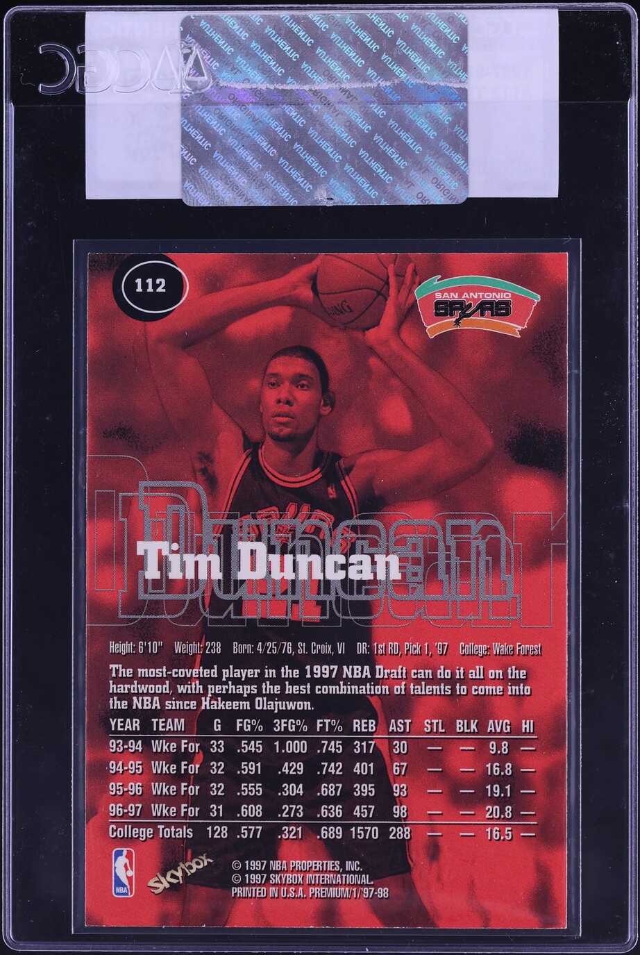 1997 Skybox Premium Tim Duncan ROOKIE #112 CGC AUTH