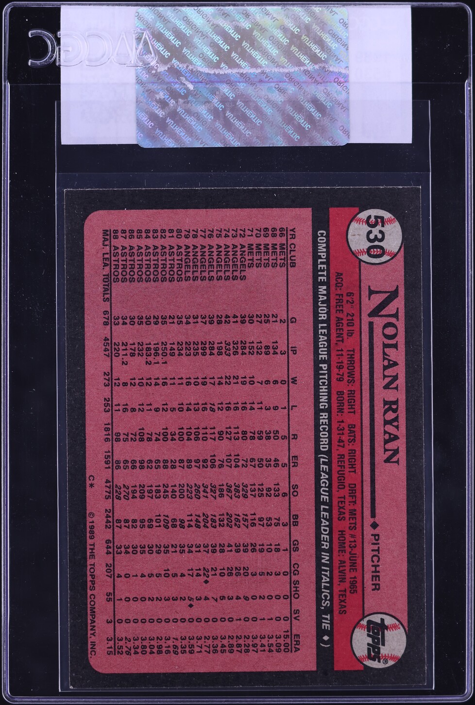 1989 Topps Nolan Ryan #530 CGC AUTH