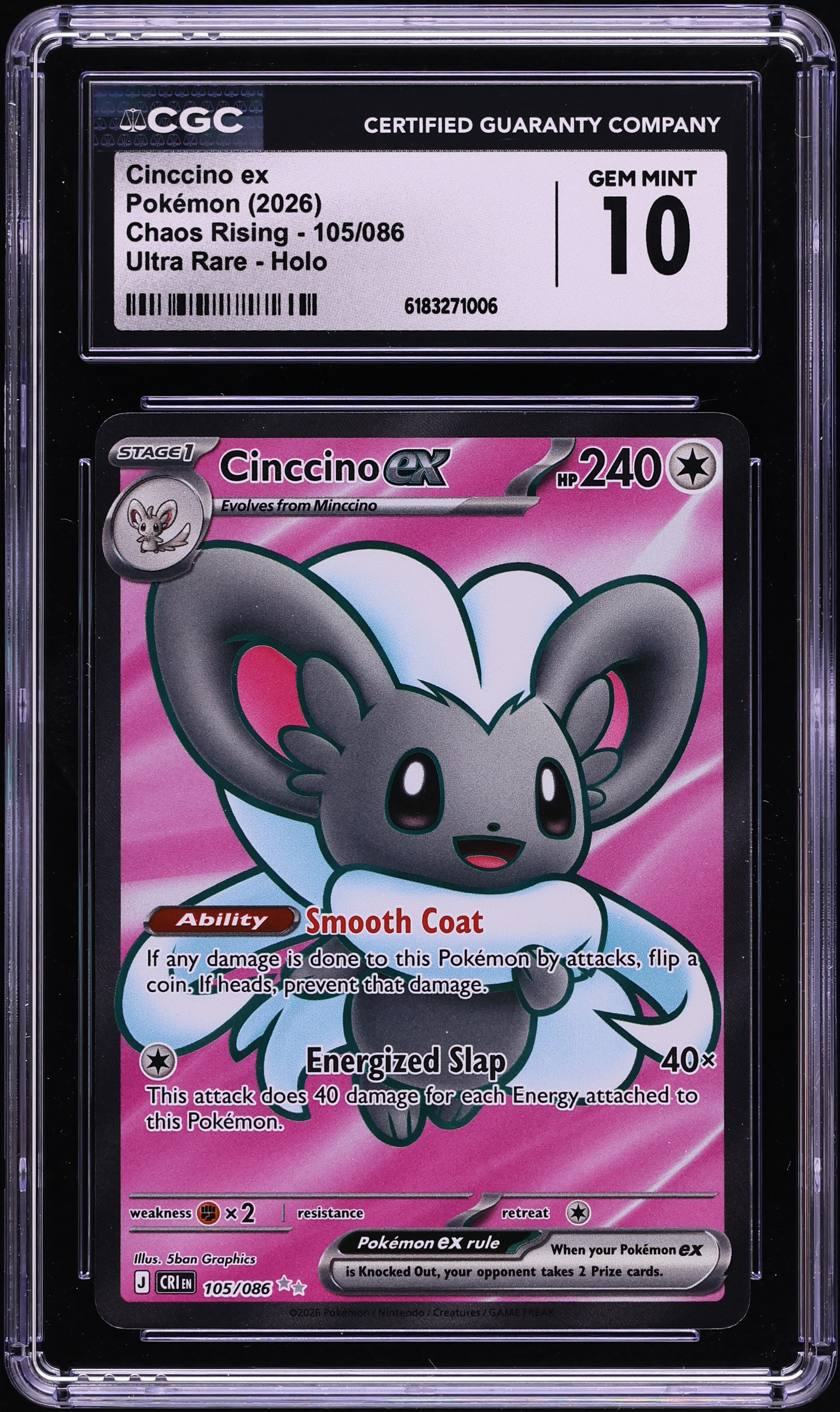 2026 Pokemon Mega Evolution Chaos Rising Full Art Cinccino ex #105 CGC 10 GEM MINT