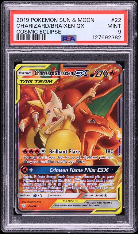 2019 Pokemon Sun & Moon Cosmic Eclipse Full Art Charizard & Braixen GX #22 PSA 9 MINT