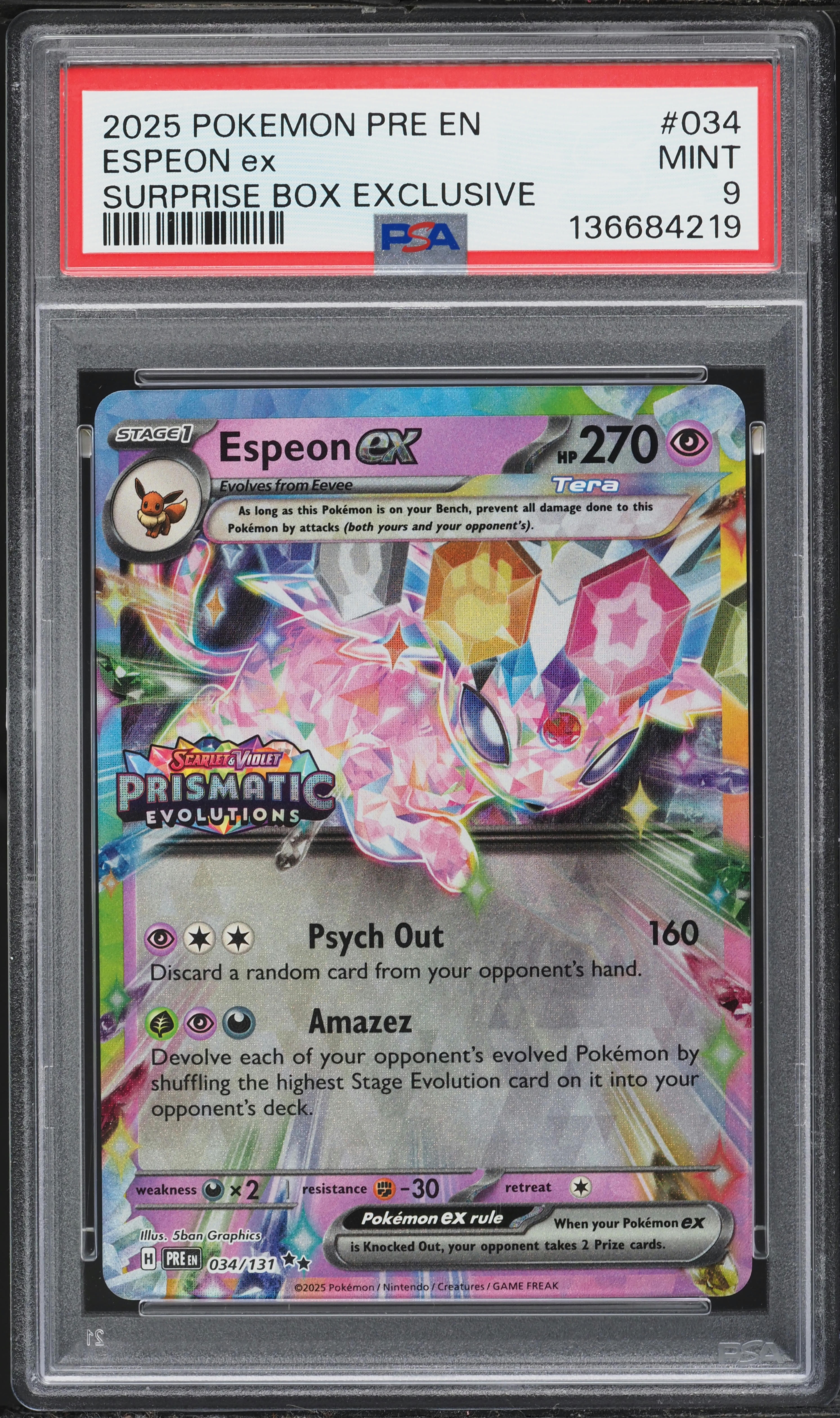 2025 Pokemon Scarlet & Violet Prismatic Evolutions Surprise Box Espeon ex #34 PSA 9 MINT