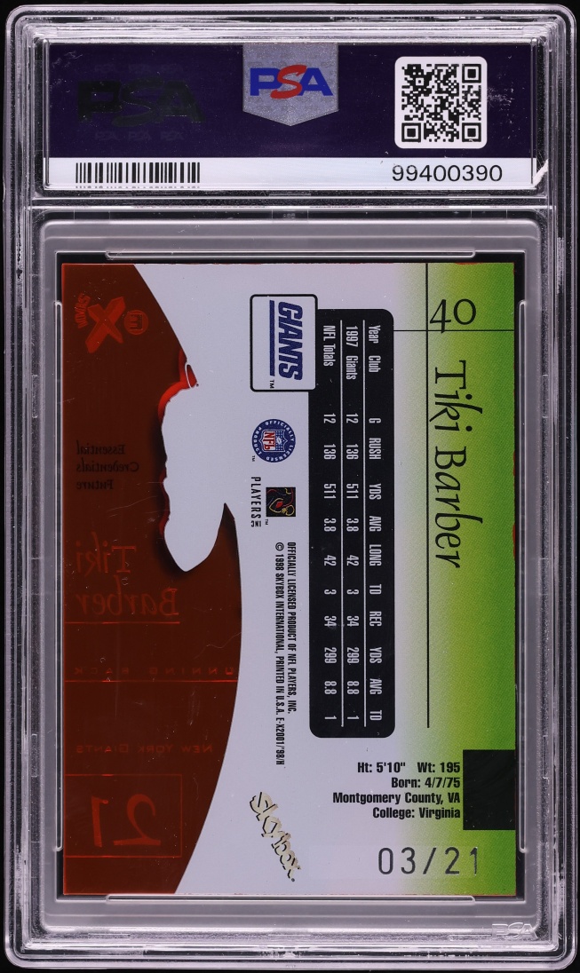 1998 Skybox E-X 2001 Essential Credentials Future Tiki Barber /21 #40 PSA 8 NM-MT