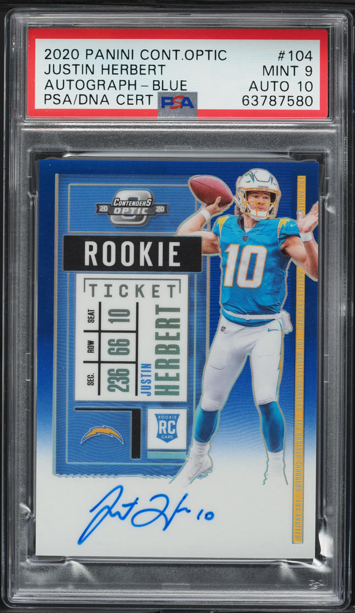 2020 Panini Contenders Optic Blue Justin Herbert RC AUTO /75 DNA 10 #104 PSA 9
