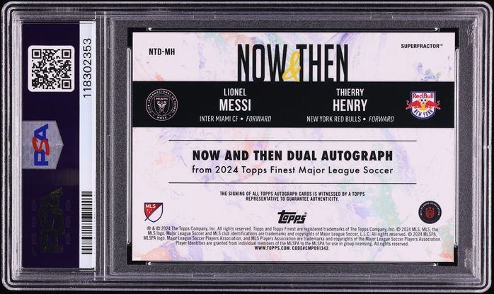 2024 Finest MLS Now & Then Superfractor Lionel Messi Thierry Henry AUTO 1/1 #NTD-MH PSA 8 NM-MT