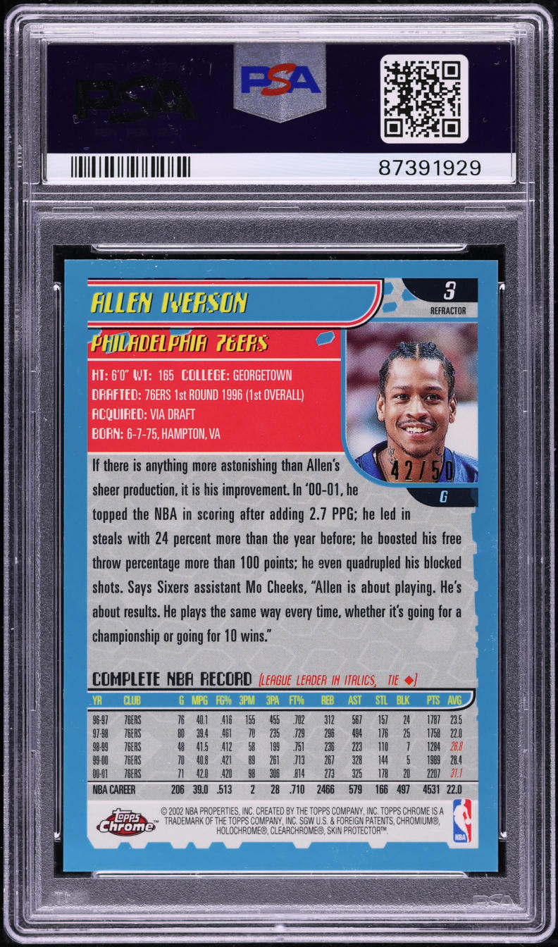 2001 Topps Chrome Black Refractor Allen Iverson /50 #3 PSA 9 MINT - Photo 2
