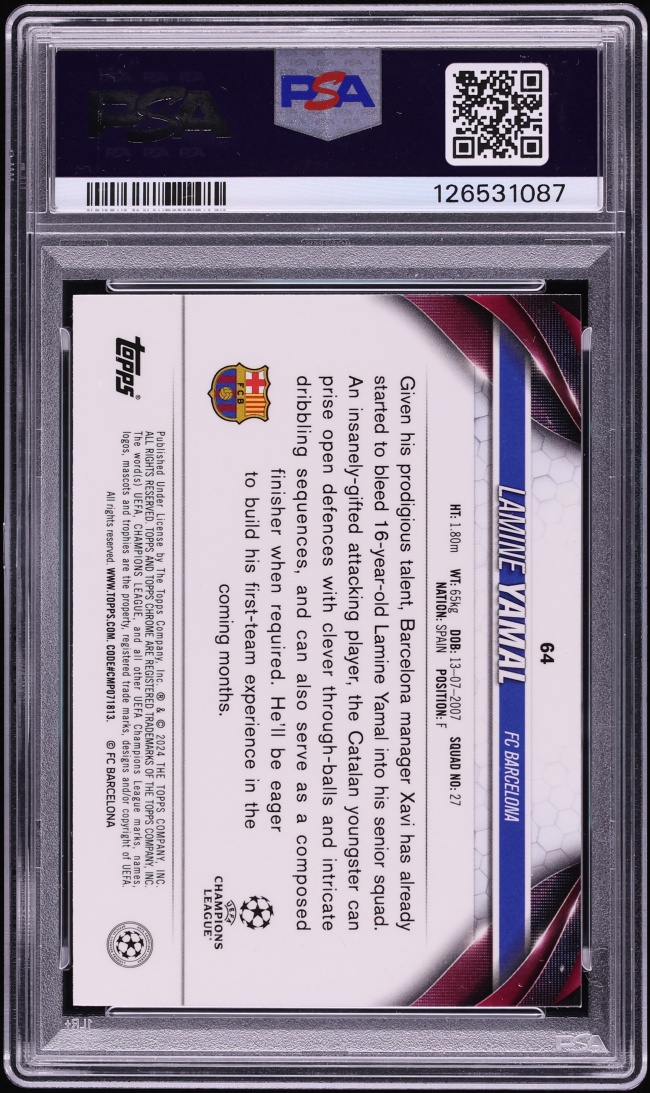 2023 Topps Chrome UEFA Club Competitions Lamine Yamal ROOKIE #64 PSA 10 GEM MINT