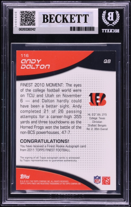2011 Finest Superfractor Andy Dalton ROOKIE AUTO 1/1 #116 BGS 8.5 NM-MT+ - Photo 2
