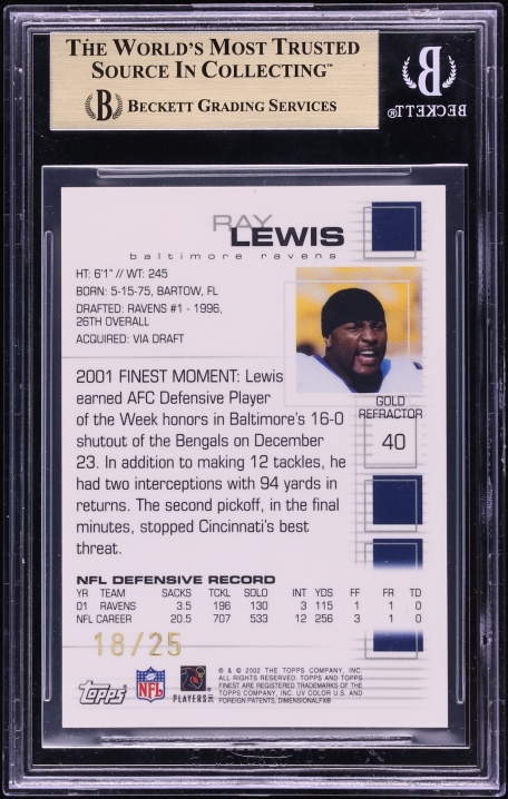 2002 Finest Gold Refractor Ray Lewis /25 #40 BGS 9.5 GEM MINT - Photo 2