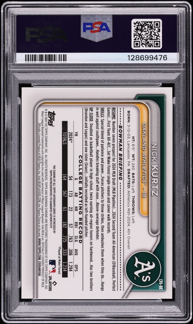 2024 Bowman Chrome Draft Nick Kurtz PROSPECT AUTO #CPA-NK PSA 9 MINT