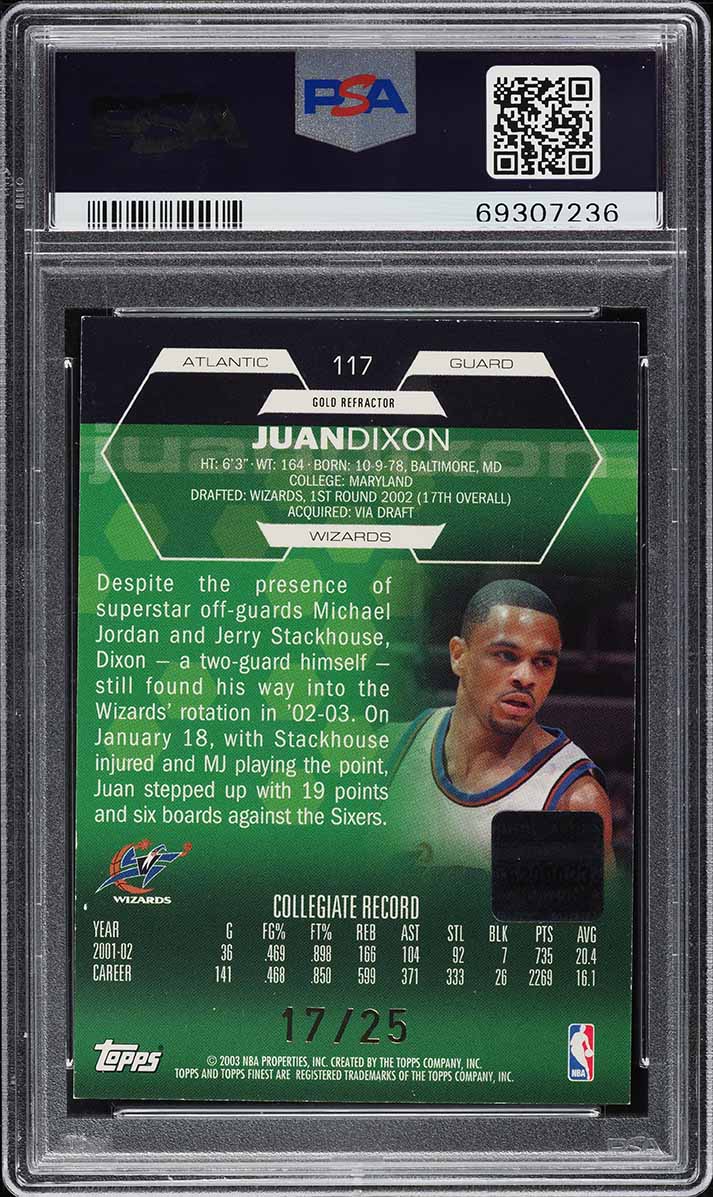 2002 Finest Gold Refractor Juan Dixon ROOKIE AUTO /25 #117 PSA 7 NRMT
