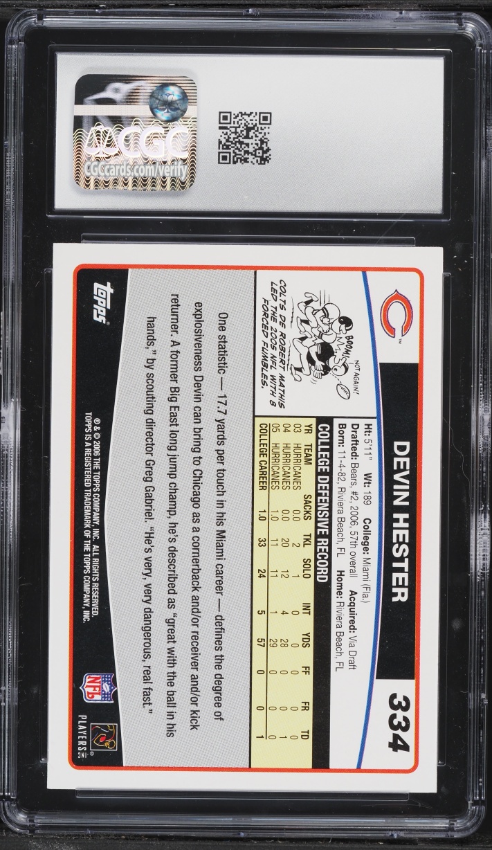 2006 Topps Football Devin Hester ROOKIE #334 CGC 8 NM-MT