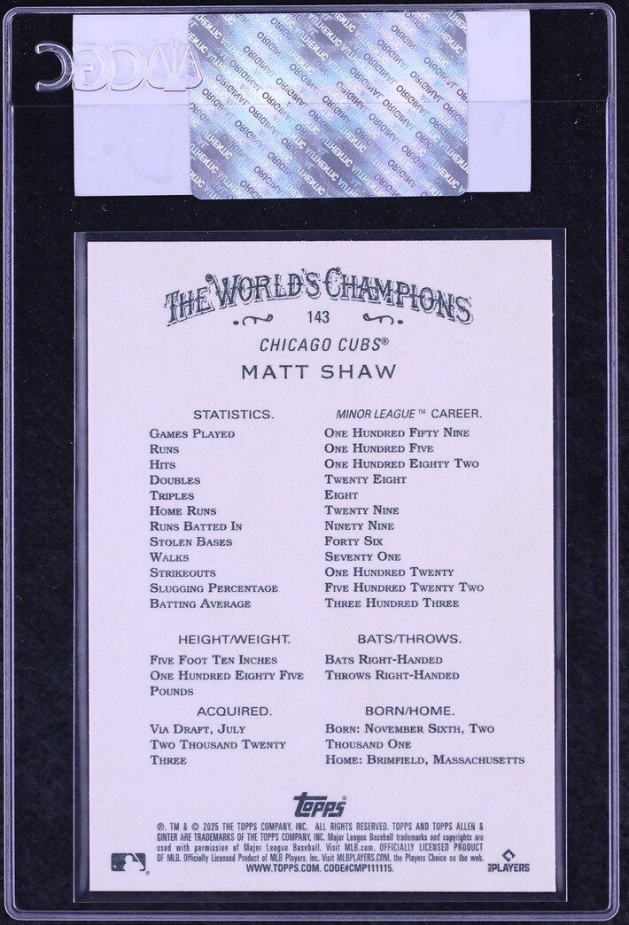 2025 Topps Allen & Ginter Matt Shaw ROOKIE #143 CGC AUTH