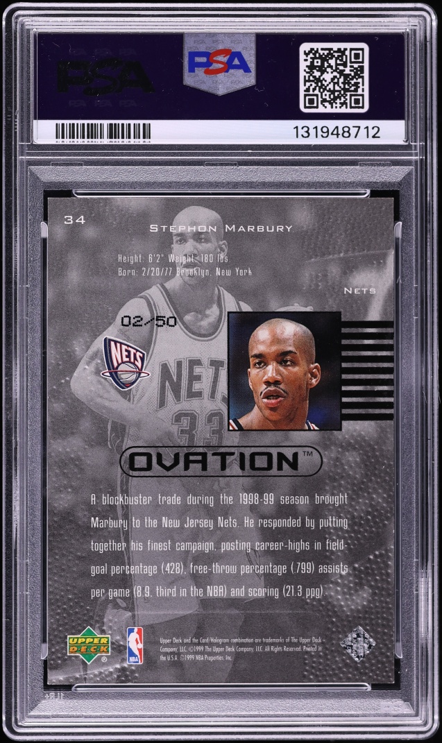 1999 Upper Deck Ovation Standing Ovation Stephon Marbury /50 #34 PSA 7 NRMT - Photo 2