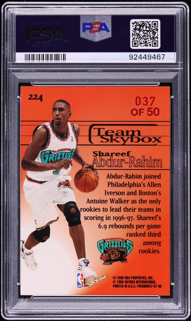 1997 Skybox Premium Star Rubies Shareef Abdur-Rahim /50 #224 PSA 8 NM-MT - Photo 2