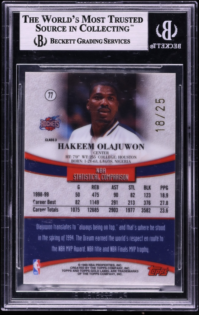 1999 Topps Gold Label Class 3 Red Label Hakeem Olajuwon /25 #77 BGS 9 MINT - Photo 2
