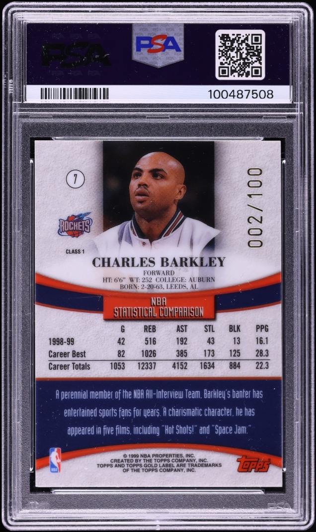 1999 Topps Gold Label Class 1 Red Label Charles Barkley /100 #7 PSA 8 NM-MT - Photo 2
