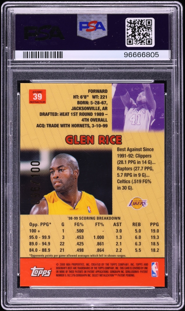 1999 Bowman's Best Atomic Refractor Glen Rice /100 #39 PSA 9 MINT - Photo 2