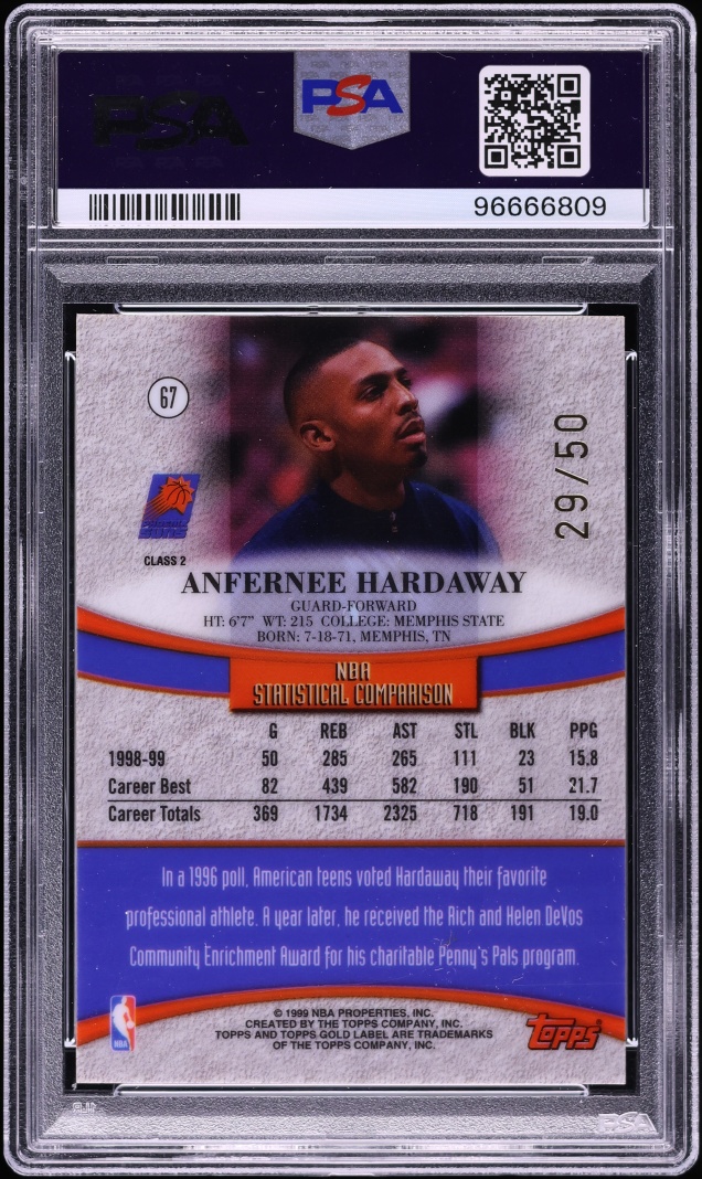 1999 Topps Gold Label Class 2 Red Label Anfernee Hardaway /50 #67 PSA 9 MINT - Photo 2