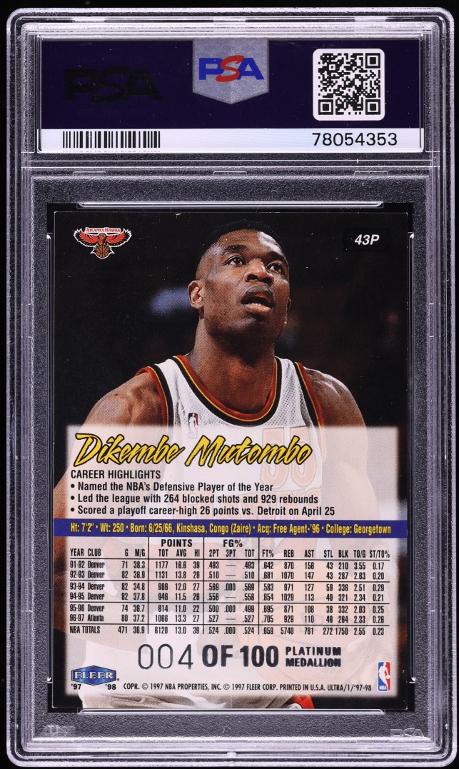 1997 Ultra Platinum Medallion Dikembe Mutombo /100 #43P PSA 7 NRMT - Photo 2