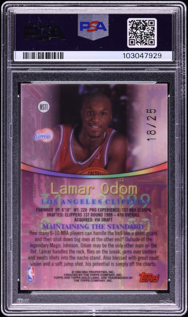 1999 Topps Gold Label New Standard Red Label Lamar Odom ROOKIE /25 #NS11 PSA 9 MINT - Photo 2