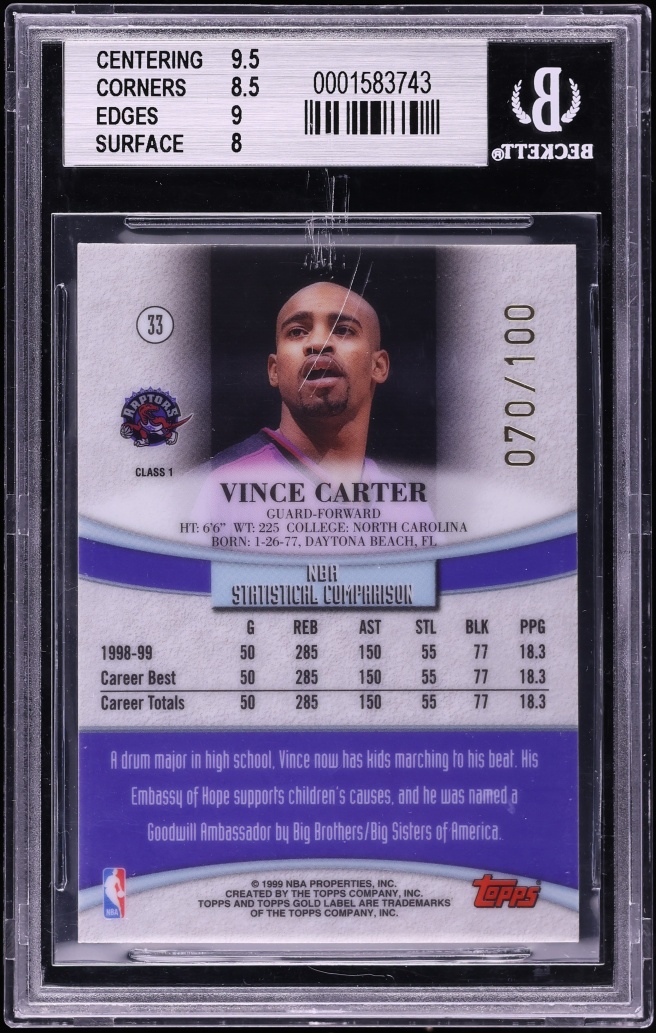 1999 Topps Gold Label Class 1 Red Vince Carter /100 #33 BGS 8.5 NM-MT+ - Photo 2