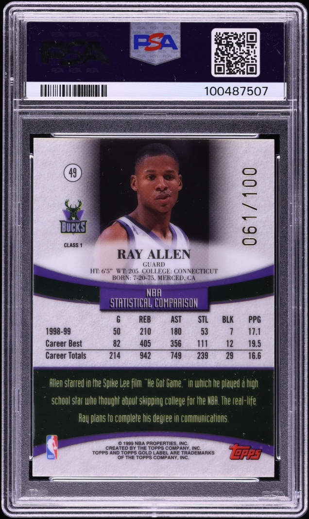 1999 Topps Gold Label Class 1 Red Label Ray Allen /100 #49 PSA 8 NM-MT - Photo 2