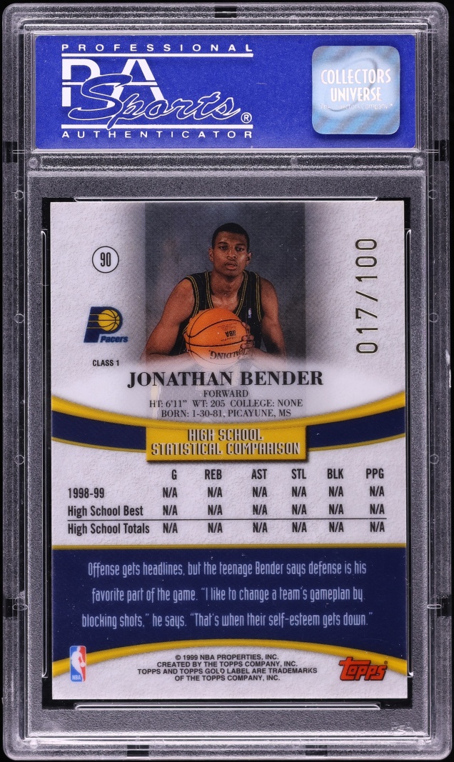 1999 Topps Gold Label Class 1 Red Label Jonathan Bender /100 #90 PSA 10 GEM MINT - Photo 2