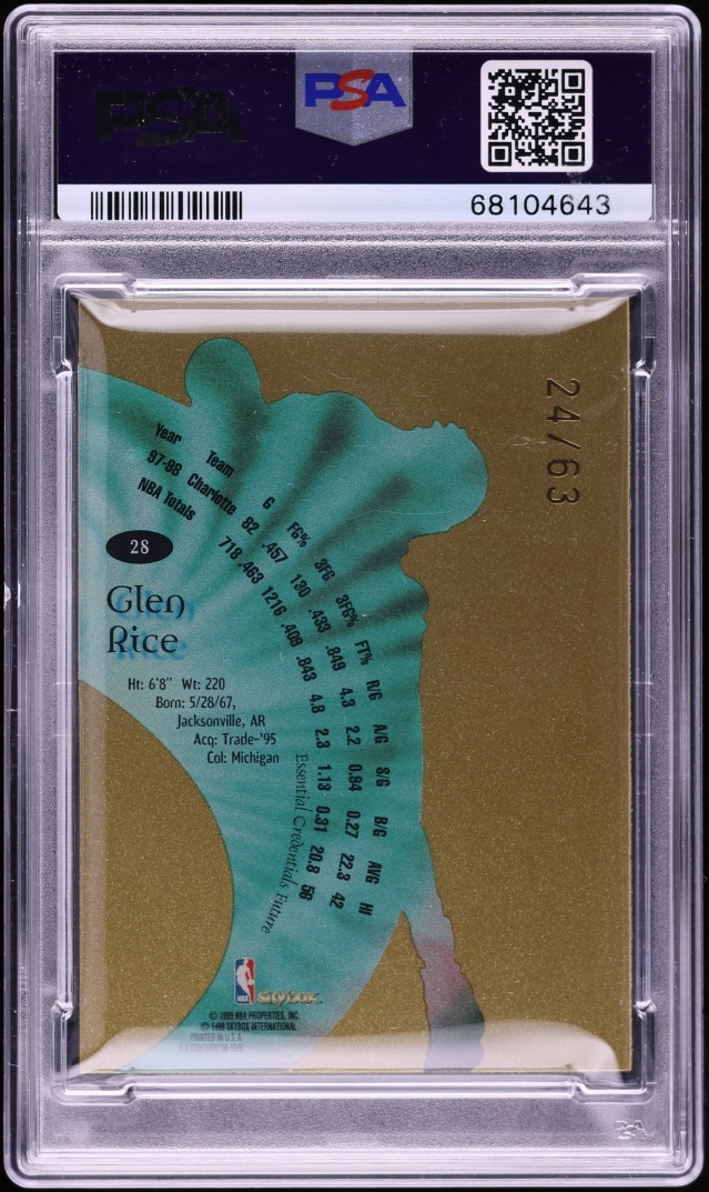 1998 Skybox E-X Century Essential Credentials Future Glen Rice /63 #28 PSA 9 MINT - Photo 2