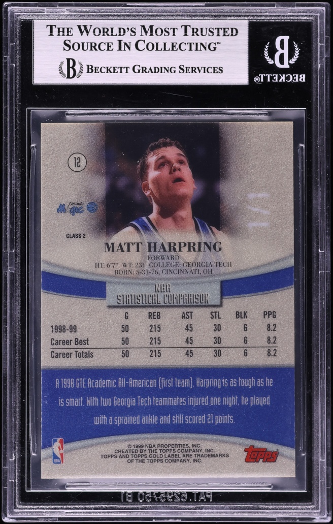 1999 Topps Gold Label Class 2 One To One Matt Harpring 1/1 #12 BGS 9 MINT - Photo 2