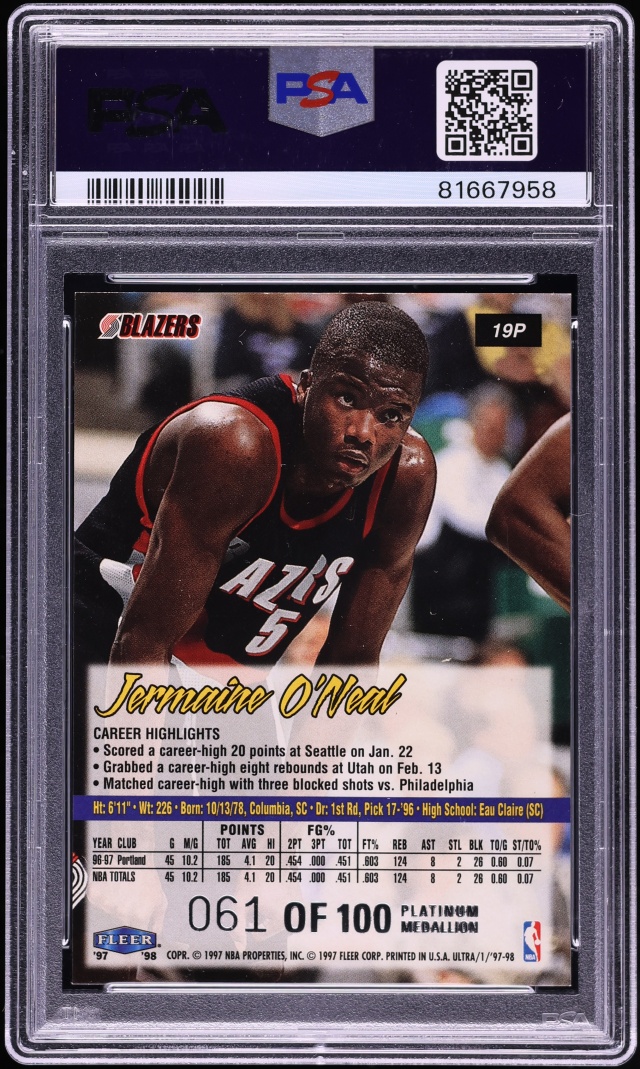 1997 Ultra Platinum Medallion Jermaine O'Neal /100 #19P PSA 7 NRMT - Photo 2